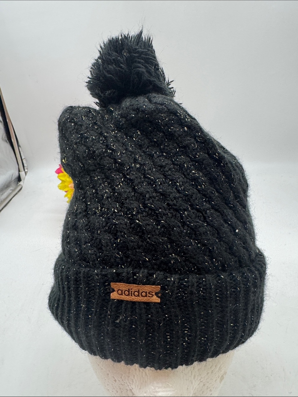 adidas Black Knit Pom Beanie with Metallic Flecks